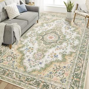 6'x9' Area Rugs Washable, Green Rug for Living Room Bedroom, Large Boho Vintage Bohemian Distressed Oriental Carpet Non Slip, Sage Floral