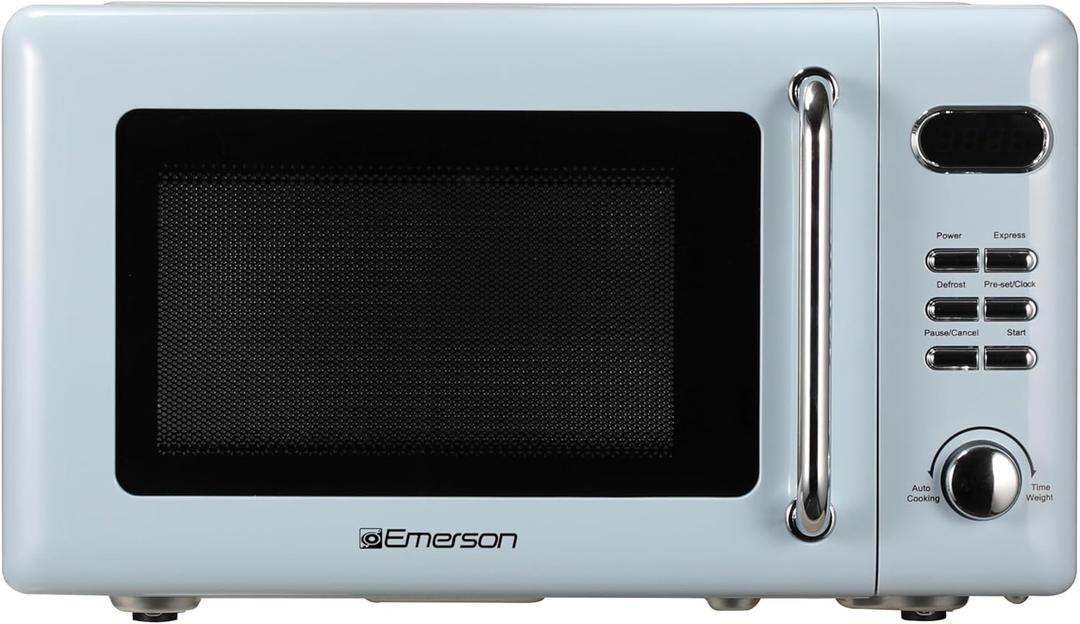 Emerson MWR7020BL Retro Compact Countertop Microwave Oven with Button Control, LED Display, 700W 5 Power Levels, 8 Auto Menus, Glass Turntable and Child Safe Lock, 0.7, Thunderbird Blue