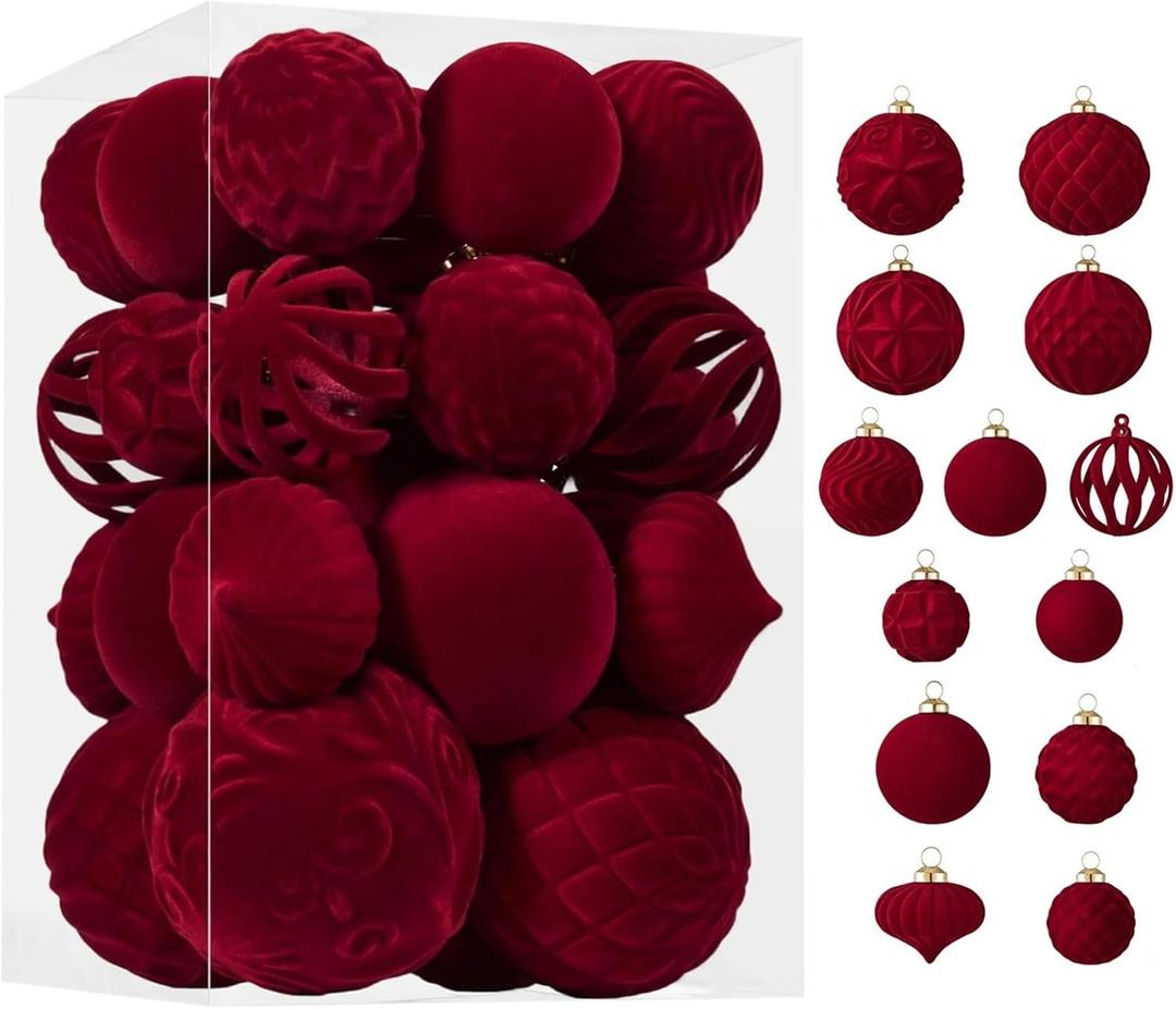 30 Pcs Burgundy Christmas Ornaments Burgundy Velvet Christmas Ornaments Balls Flocked Shatterproof Red Velvet Ball Ornament for Xmas Tree Home Party Holiday Decor