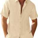 Runcati Mens Button Down Linen Shirts Short Sleeve Casual Summer Beach Tops (Beige)