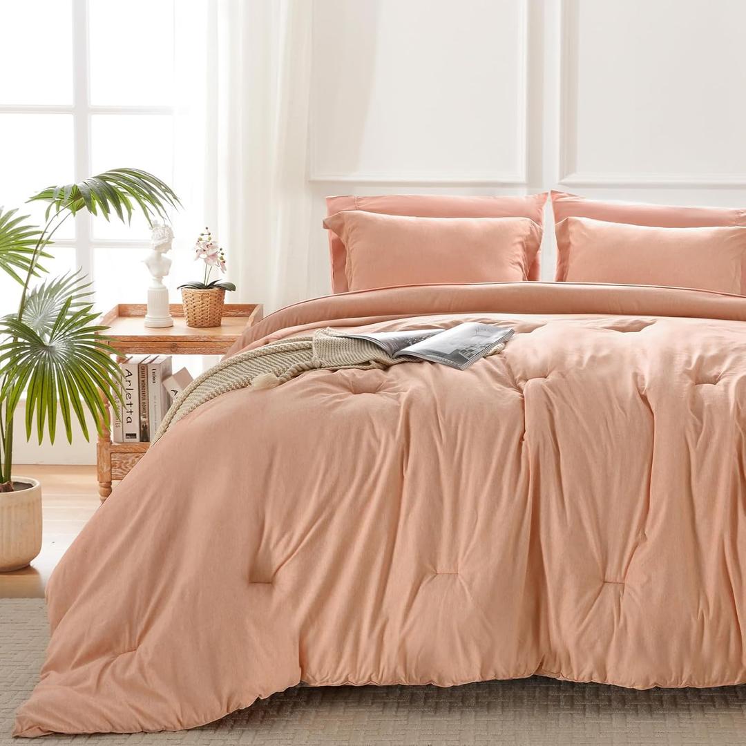 Queen Comforter Set 7 Pieces Bed in a Bag - Orange Queen Soft Bedding Set for All Seasons - Cationic Dyeing Bed Comforter Sets with Comforter, Flat Sheet, Fitted Sheet, Pillowcases & Shams