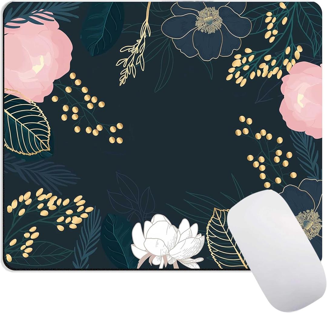 Beautiful Flowers Plants Mouse Pads for Desk,Premium Textured Cute Mouse Pad for Women with Non-Slip Rubber Base, Small Square Pink Gold Design Mouse Mat Desktop Protection Mat for Computers Laptop