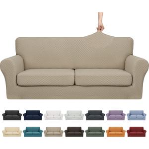 YEMYHOM Latest Checkered 3 Pieces Couch Covers for 2 Cushion Couch High Stretch Sofa Cover with 2 Extra Large Seat Cushion Covers Anti Slip Elastic Slipcovers (Khaki), 71"-91"(2 Cushions)