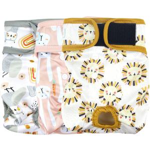 Langsprit Washable Female Dog Diapers (3 Pack) -Doggie Reusable Diapers for Doggy Puppy Female in Period - Highly Absorbent Dog Heat Panties with Adjustable Snaps (Rabbit, Owl, Lion, Large)