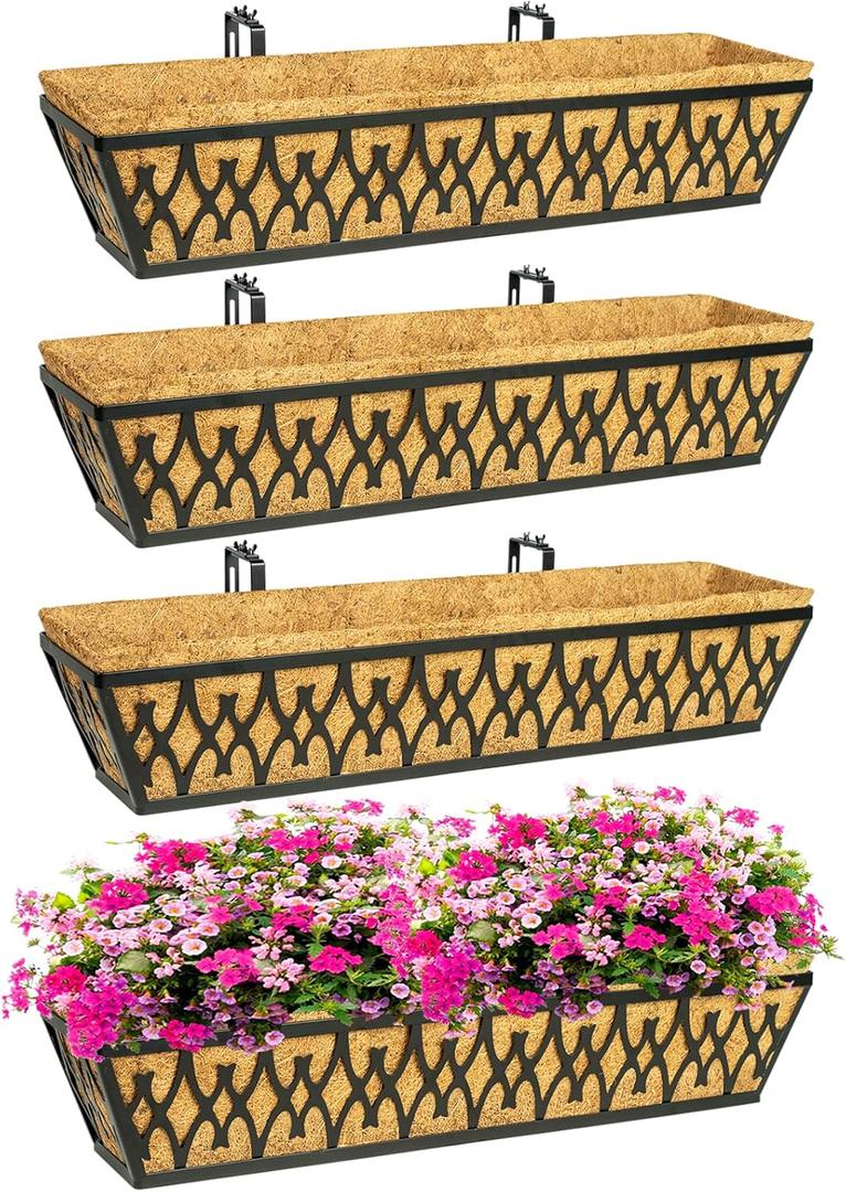 4 Pack 30 Inch Window Boxes Planters Railing Planter Box with Adjustable Brackets for Porch Fence Patio Balcony Hanging Flower Baskets with Coco Liners for Outdoor Garden Decor - Black