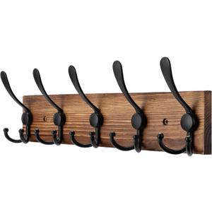 Kuhome Coat Rack Wall Mount Wooden Hat Rack for Wall Hooks Pine Real Wood Plank 16.9" Brown Coat Hanger with 5 Triple Hooks for Hanging Coat Hat Jacket