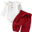 Newborn Baby Girl Clothes Ribbed Knit Romper Heart Daisy Print Pants for 0 3 6 12 18 24 Months Girl Outfits (Red)