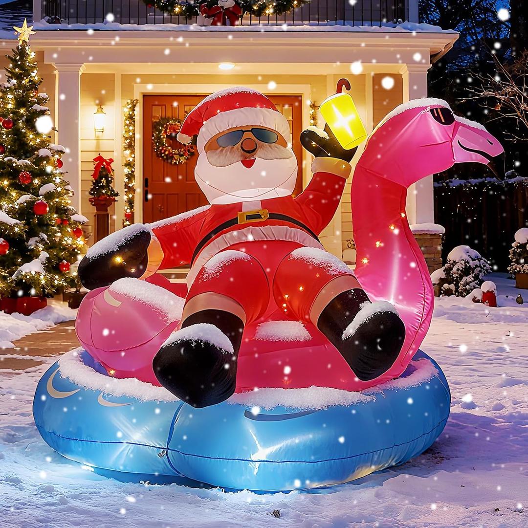 6.5FT Christmas Inflatables Outdoor Decoration  Inflatable Christmas Blow Up Featuring Santa on Flamingo Pool Float with LED Lights for Inflables De Navidad Yard Party Outdoor Indoor Dcor