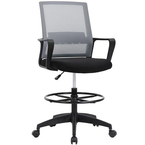 BestOffice Drafting Chair Tall Office Chair Adjustable Swivel Rolling Mesh Height with Lumbar Support Arms Footrest Mid Back for Adults Standing Desk Drafting Stool (Ashy)