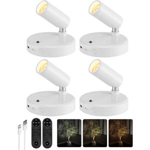 EZVALO Spot Lights Indoor, 5500mAh Rechargeable Plant Spotlights with Remote, Wireless Mini Art Accent Light with Timer & Dimmable, 3-CCT, Uplights Indoor for Plants, Display, Artwork (4-Pack-White)