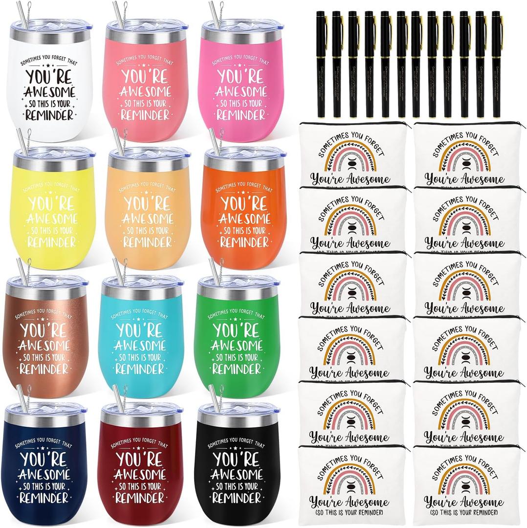 Set of 12 Employee Appreciation Gifts Bulk, Christmas Gifts for Coworkers Teachers Nurses, 12OZ Inspirational Stainless Steel Tumbler Makeup Bags Pen Thank You Gift For Women Men Team Staffs 