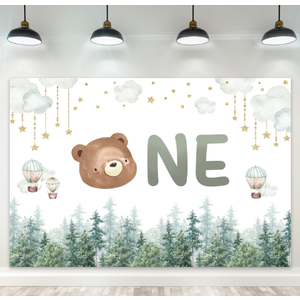 Riyidecor Bear One 1st Birthday Kids Children Backdrop Baby Shower Hot Air Balloons 5Wx3H Feet Polyester Fabric Misty Green Cloud Star Photography Background Cute Table Decor Banner Studio Photo Shoot