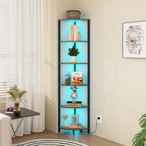 6-Tier Corner Shelf with LED Lights - 65" Tall Narrow Bookshelf, Standing Shelf with Storage Rack, Sturdy Metal Frame & Waterproof Shelves, Rustic Brown, for Living Room/Bedroom/Bathroom