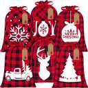 Aneco 6 Pieces Christmas Drawstring Gift Bags Red and Black Plaid Drawstring Bags with 24 Kraft Paper Tags and 16 Feet Rope Cotton Xmas Gift Bags for Christmas Party Supplies, 16 x 12 Inch