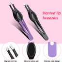 Chumia 5 Pieces Non-Slip Grip Tweezers Slanted Tip Stainless Steel Tweezer Wide Precision Tip Clip Tweezer for Ingrown Hair Eyebrow Shaping Splinter Blackhead Remover (Black Rubber Grip)