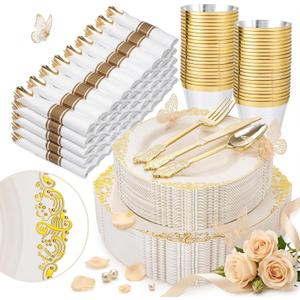 Nervure 350PCS Ivory Plastic Plates - Ivory Gold Plastic Dinnerware Sets for 50 Guests - 100 Gold Disposable Plates, 50 Pre Rolled Silverware Sets, 50 Cups Perfect for Wedding & Party & Mothers Day