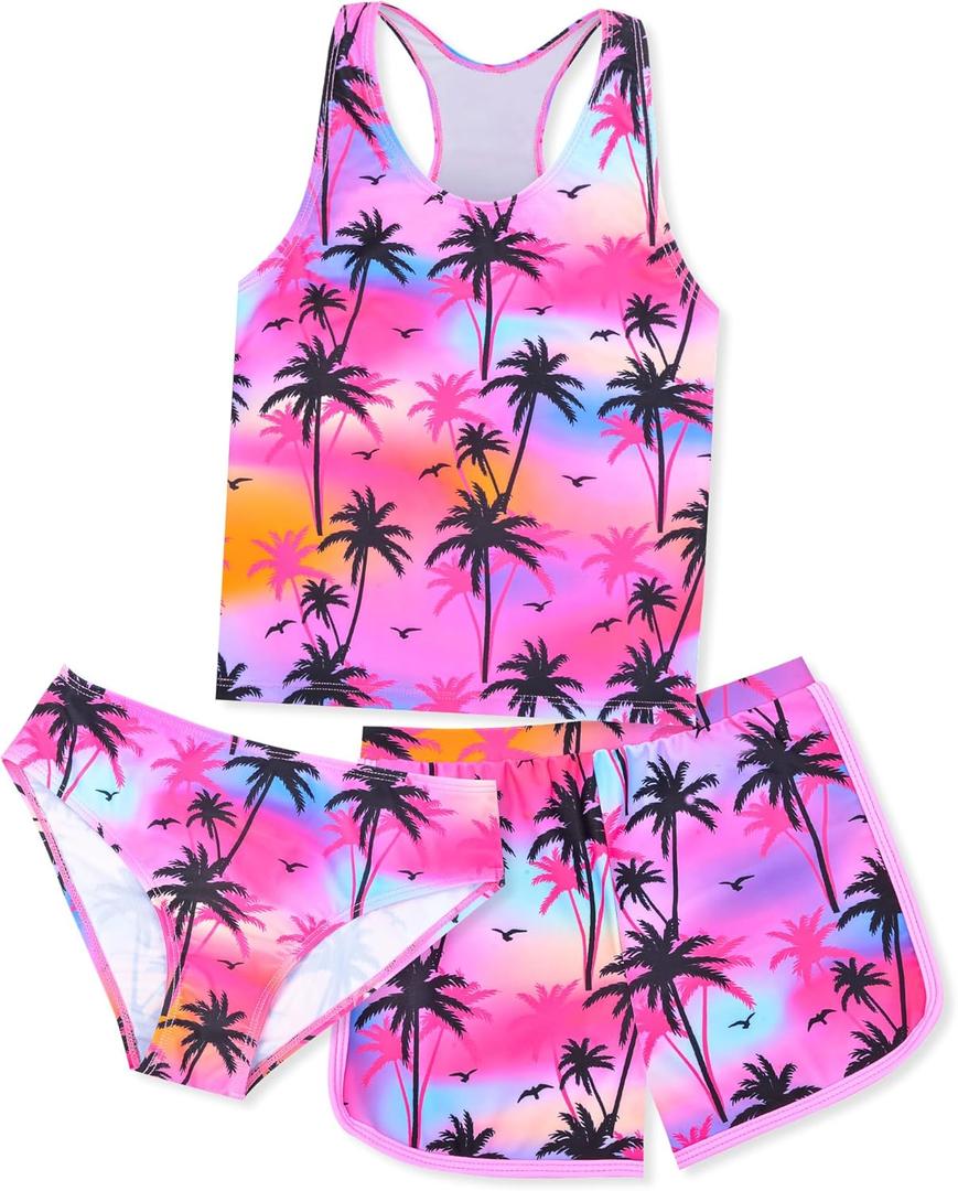 Sylfairy Girls 3 Piece Bathing Suit Summer UPF 50+ Racerback Swimsuit with Shorts Beach Tankini Sets 8-15 Years (Coconut Palm)