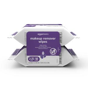 2 x Amazon Basics Makeup Remover Wipes, Gentle Cleansing, Dermatologist Tested, Night Calming, Plant Based, Alcohol-Free, Removes Waterproof Mascara, 25 Count Per Pack, Pack of 2