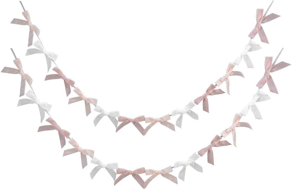 DrCor Blush Pink Velvet Bow Garland 2 Pack 10FT Pre-Strung Ribbon Banner with 24 Bows for Girls Bedroom Decor, Birthday Party Backdrop, Baby Shower, Coquette Room Wall Decoration