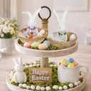 Easter Bunny Resin Decor Set of 2  Cute Rabbit Figurines in Basket with Eggs, Spring Easter Table Decorations for Home, Farmhouse, Office & Party Centerpiece Tiered Tray Shelf Mantel
