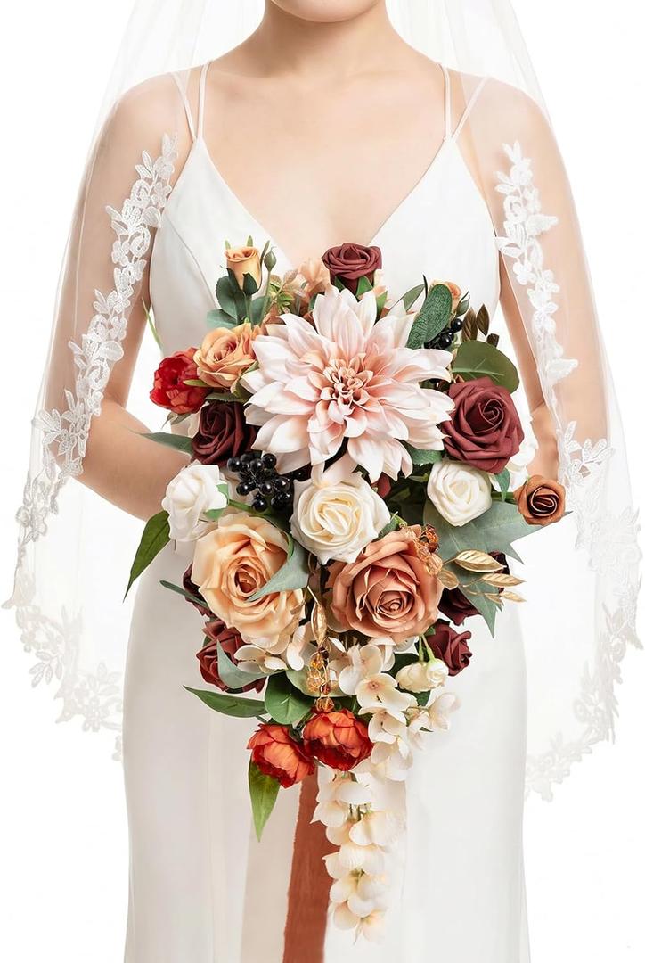 Ling's moment Bridal Bouquet Cascading Terracotta Wedding Bouquet for Bride