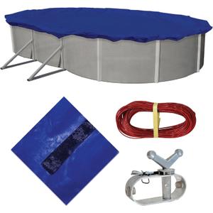 Blue Wave Gold 15-Year 16 ft x 32 ft Oval Above Ground Pool Cover for Winter Durable & Weather-Resistant Polyethylene  4 ft Overlap, Black Underside, Reinforced Grommets, Winch, Cable  Royal Blue