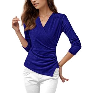 Womens Long Sleeve Sparkly Wrap Tops, Fitted V Neck Asymmetrical Hem Mesh Top Dressy Party Blouse (M)