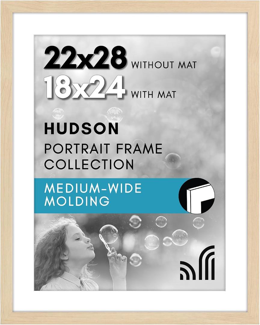 Americanflat 22x28 Poster Frame with Polished Plexiglass - Use as 18x24 Frame with Mat or Display 22x28 Photo Without Mat - Hudson Collection - Wide Picture Frames for Wall Display - Natural Oak