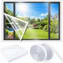 Beeveer 47 x 63 Inch Adjustable Window Insulation Kit for Summer Heat Cuttable Window Plastic Keep Warm in Winter Cool in Summer Transparent Film with Adhesive Straps Reusable Winterizing Cover