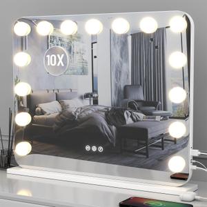 Vanity Mirror with Lights, 23"18" Hollywood Vanity Mirror with Lights 15 Dimmable LED Bulbs, 3 Color Modes, 10X Magnification, USB Charging Port, Tabletop or Wall-Mounted (White, 23 * 18)