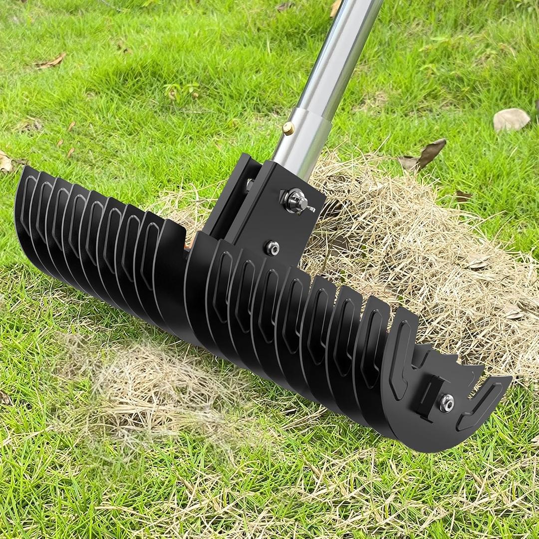 Lawn Thatch Rake, 15-Inch Steel Dethatching Tool, Adjustable 0-15 Angle and 38-68 Inch Length, Heavy-Duty Yard Rake for Dead Grass Removal and Lawn Care Updated (Black)