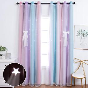 UNISTAR 2 Panels Star Blackout Curtains for Kids Girls Bedroom Living Room - Double Layer Cut Out Stripe Pink and Purple Rainbow Window Curtains (Double Side) W52 x L63 Inch Length