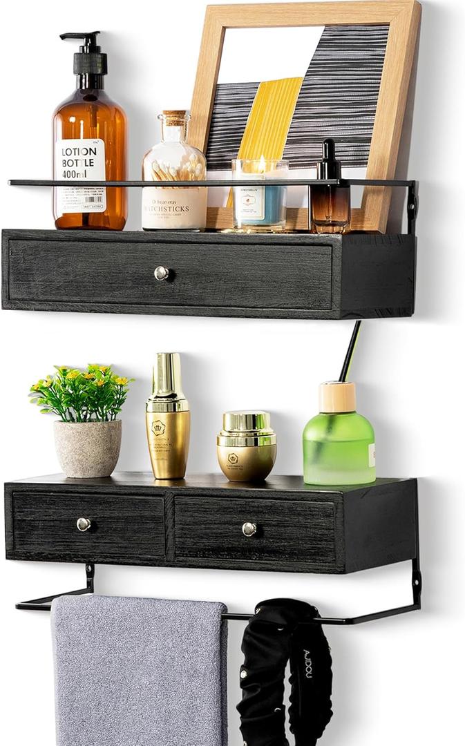 Floating Shelves - Wall Mounted Bathroom Shelf Set of 2 with Drawers, Rustic Wood Shelves for Bedroom, Living Room, Kitchen, Home Decor, Plants, Books (Black) (13.8 Inch Long)