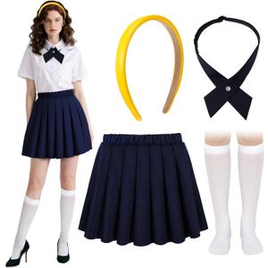 Mepase 4 Pcs Halloween School Girls Costume Set Yellow Headband Cross Bow Ties Pleated Skirt and Calf Socks for Adult Women Halloween Cosplay Outfit Dress up Party Favor