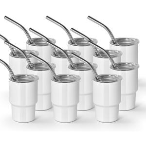 AGH 3 oz Mini Tumbler Shot Glass with Straw and Lid White Stainless Steel Sublimation Tumblers Double Wall Vacuum Insulated Cups, 12 Pack