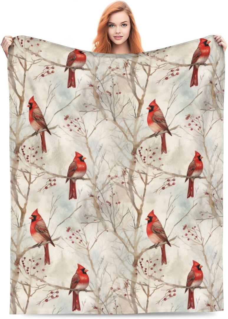 amepay Cardinal Blanket Gifts for Women Red Birds Flannel Throw Blankets Soft Comfy Lightweight for Home Decor Couch Bed Sofa 60x50 Inches (Grey)