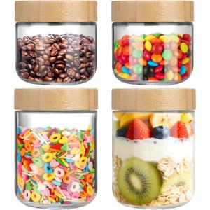 OcePor 4 Pack Glass Jars with Bamboo Lids, Over Night Oats Container with Airtight Lid, Glass Snack Storage Salad Jars For Food, Yogurt, Sugar and Flour,Coffee Bean, Cookie, Cereal