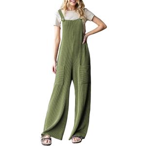 Dokotoo Women's Casual Jumpsuits Ribbed Front Pocket Loose Overalls One Piece Sleeveless Wide Leg Long Pant Rompers (Green, M)