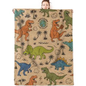 olpddz Colorful Cartoon Dinosaur Flannel Blanket Gifts for Boys Kids Animal Lover, 60x50inch, Dino, Tree and Rock Throw Blankets, for Bedroom, Couch, Living Room, Camping, Dorm Decor Throws