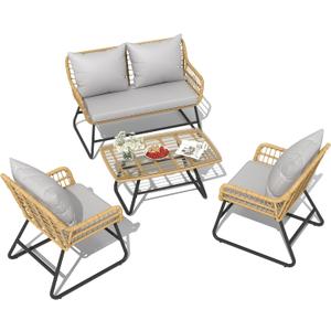YITAHOME 4 Piece Patio Furniture Set, Outdoor Wicker Furniture Set with Removable Cushion, Rattan Patio Loveseat Set for Garden, Backyard, and Deck, Armchairs, Glass Side Table, Light Gray & Beige