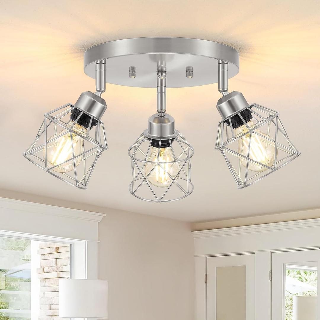 3-Light Brushed Nickel Semi Flush Mount Ceiling Light, Adjustable Kitchen Light Fixtures Ceiling Mount E26 Base Multi-Directional Silver Ceiling Spot Lights for Hallway Farmhouse Foyer