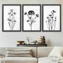 TQianJiang Flower Plant Wall Decor 16"x11" Black And White Botanical Painting Wood Framed Set of 3 Bedroom Office Abstract Wildflower Sign Hanging Art (Black)