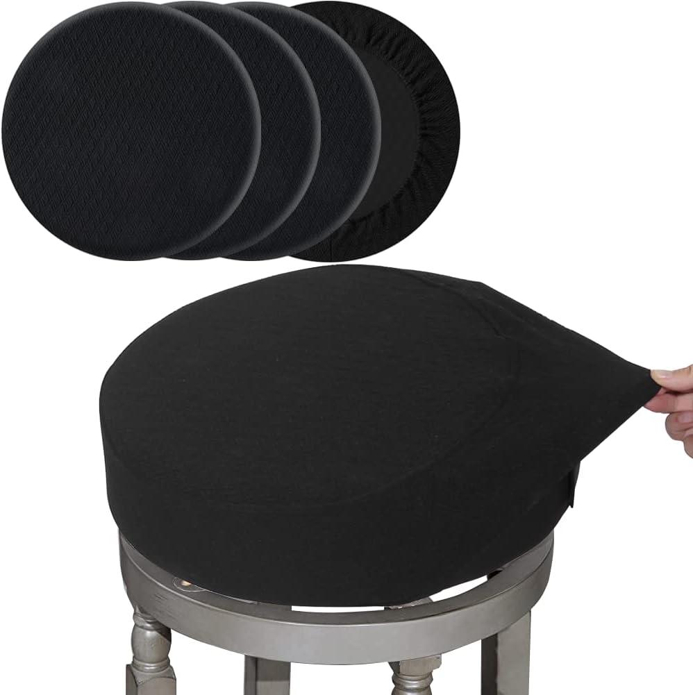 BUYUE 4 Pcs Bar Stool Covers, Luxury Fabric Dia.16-18" Round Stretchy Crease-Resistant Washable Jacquard Dustproof Stool Seat Slipcover, L-Black-Set of 4