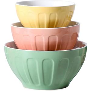 Lareina Ceramic Mixing Bowls for Kitchen, Large Nesting Mixing Bowl Set for Serving, Baking, Food Prepping, Cooking, Salad, Sourdough, Gift, Microwave Safe, Big 3.2/1.7/1.2 Qt, Set of 3, Pastel Color (Yellow/Pink/Green)