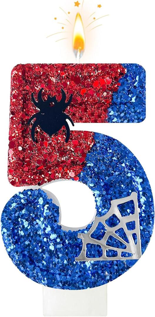 Red and Blue with Silver Spider Web Birthday Candles, Spider Cartoon Theme Happy Candle Cake Decoration Suitable for Boys and Girls Children's Party Supplies (5)