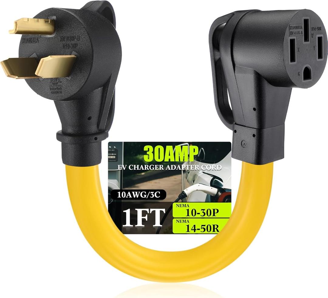 Tellegloww NEMA 10-30P to 14-50R EV Charger Adapter Cord, 30 Amp 3 Prong Male Dryer to 50 Amp 4 Prong Female EV Compatible with Tesla for Level 2 Charging with Handle, STW 10 AWG, 1FT, ETL Listed