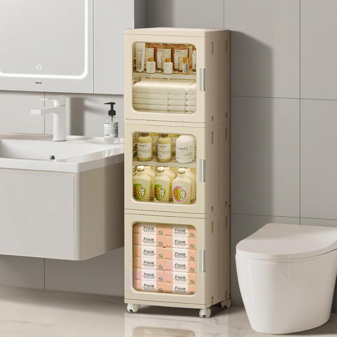 3-Tier Narrow Bathroom Storage Cabinet with Clear Doors and Adjustable Shelves, Plastic Slim Bathroom Organizers and Storage Small Spaces Pantry Kitchen Laundry Room Quick Assembly, Beige