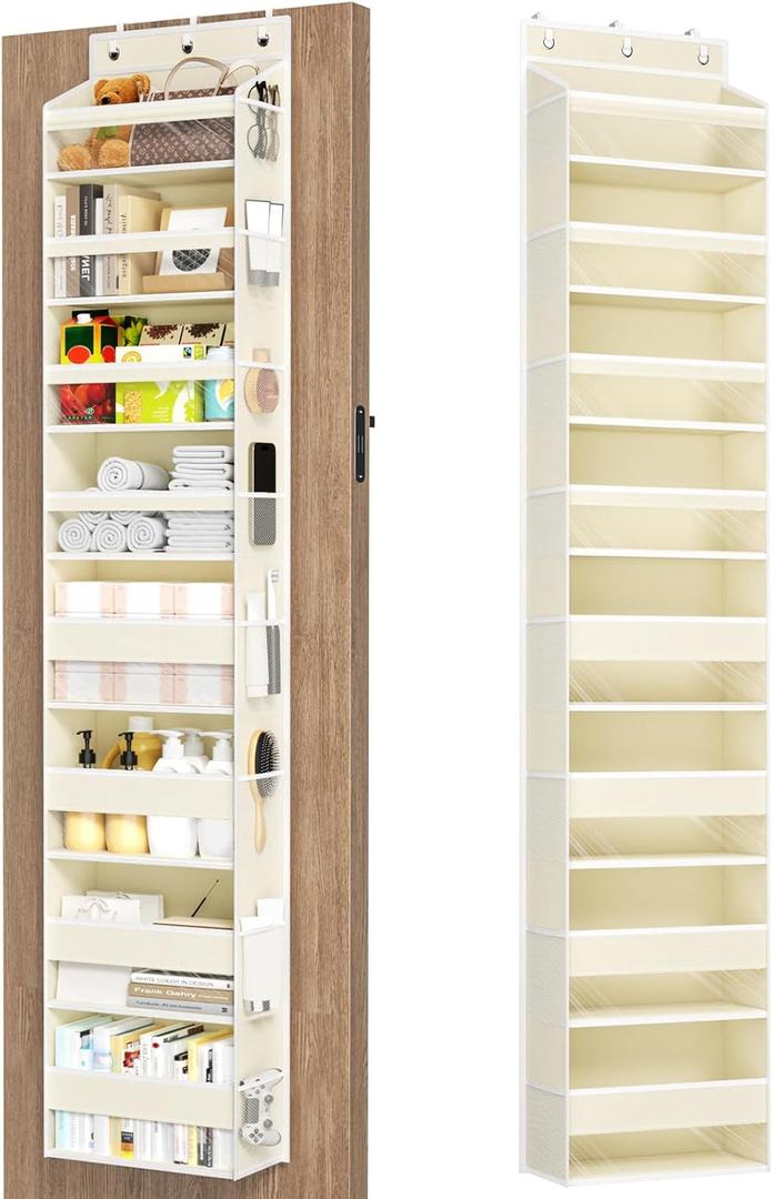 Mefirt Over The Door Organizer, 8 Shelf Door Hanging Organizers with 8 Large Capacity Pockets, Back of Door Organizer Storage Hanging Shelves for Closet Bathroom Bedroom Nursery (Beige)