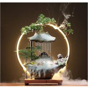Ceramic Buddha Water Fountains Indoor Waterfall with LED 2 Buddhas Mist Water Fountain with Backflow Incense Holder for Feng Shui Strees Relief Wealth-Booming Japanese Decor