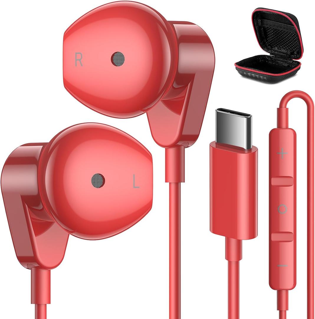APETOO USB C Headphones for iPad Pro iPhone 17/Air/16e/15/16 Pro Max Plus, HiFi Stereo USB-C Wired Earbuds with Microphone Volume Control Type C Earphones for Samsung S25 S26 S24/S23/S22/S21/S20, Red